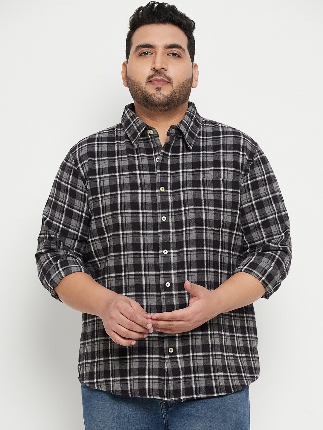 

bigbanana Plus Size Tartan Checked Casual Pure Cotton Shirt, Black