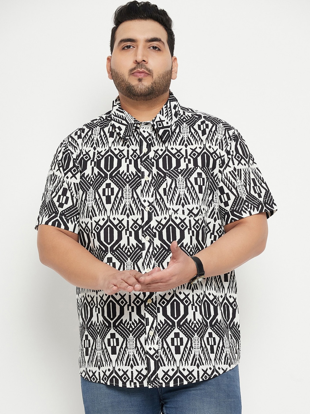 

bigbanana Plus Size Printed Classic Cotton Casual Shirt, Black