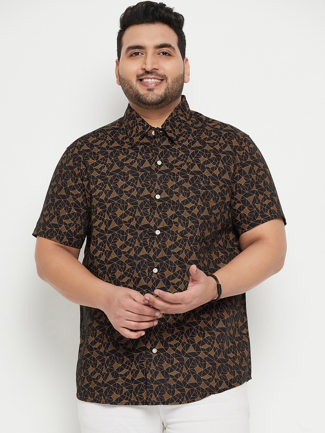 

bigbanana Plus Size Spread Collar Geometric Printed Casual Shirt, Black