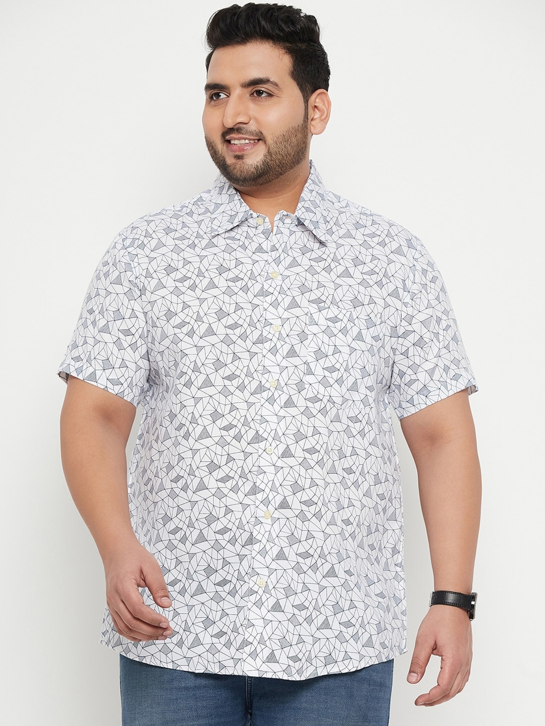 

bigbanana Plus Size Spread Collar Geometric Printed Casual Shirt, White