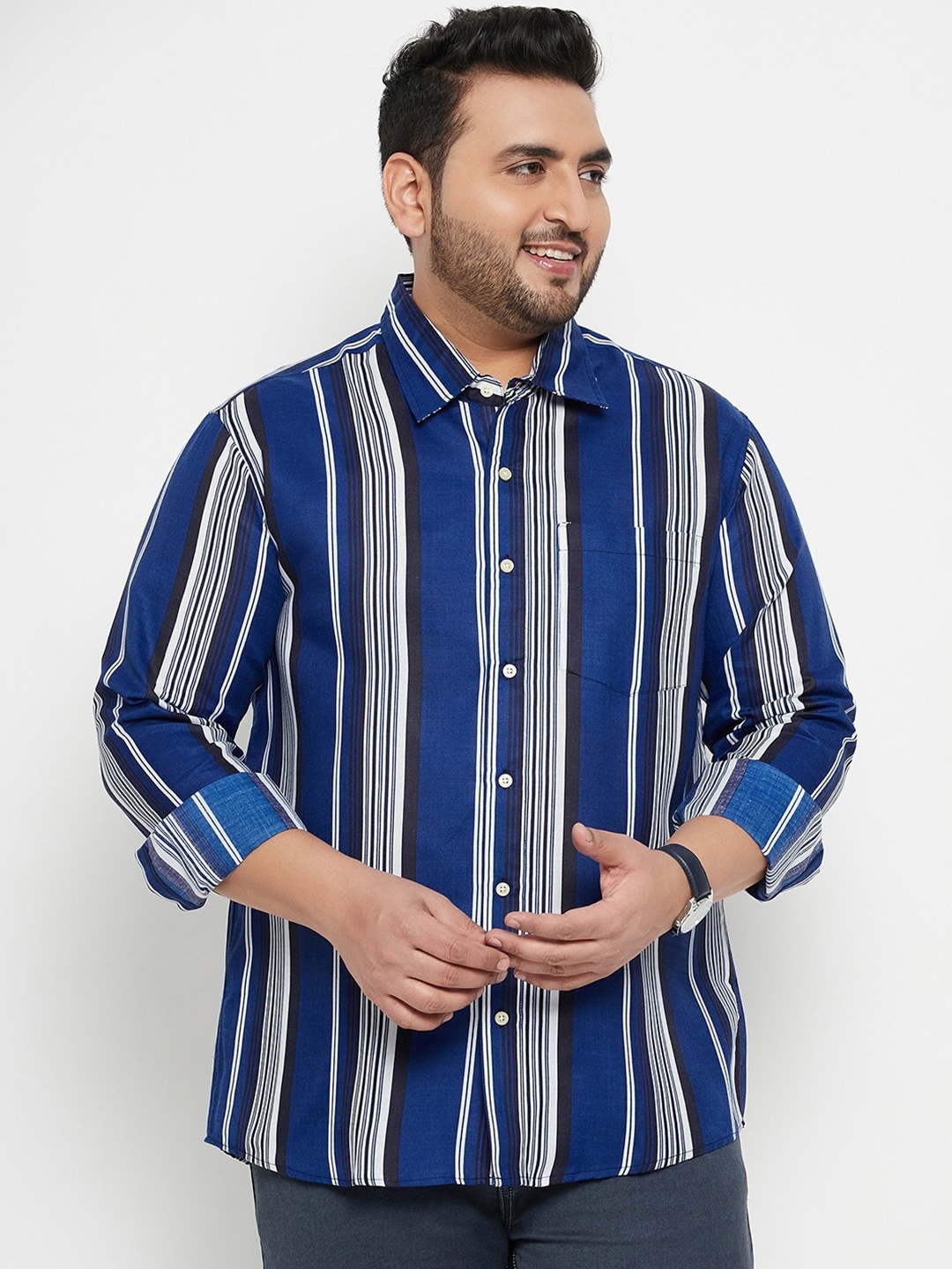 

bigbanana Plus Size Striped Classic Casual Shirt, Blue