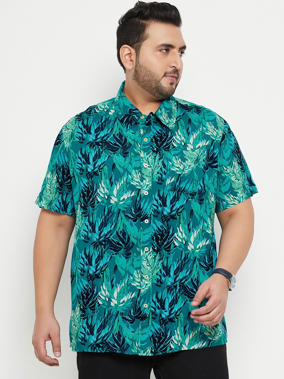 

bigbanana Plus Size Tropical Printed Casual Shirt, Green