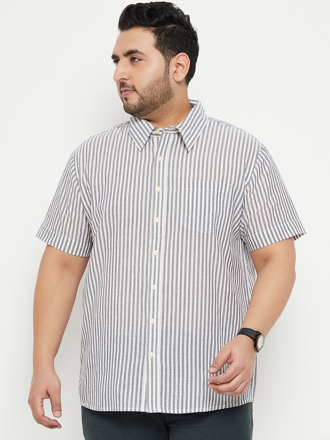 

bigbanana Plus Size Vertical Striped Casual Shirt, White