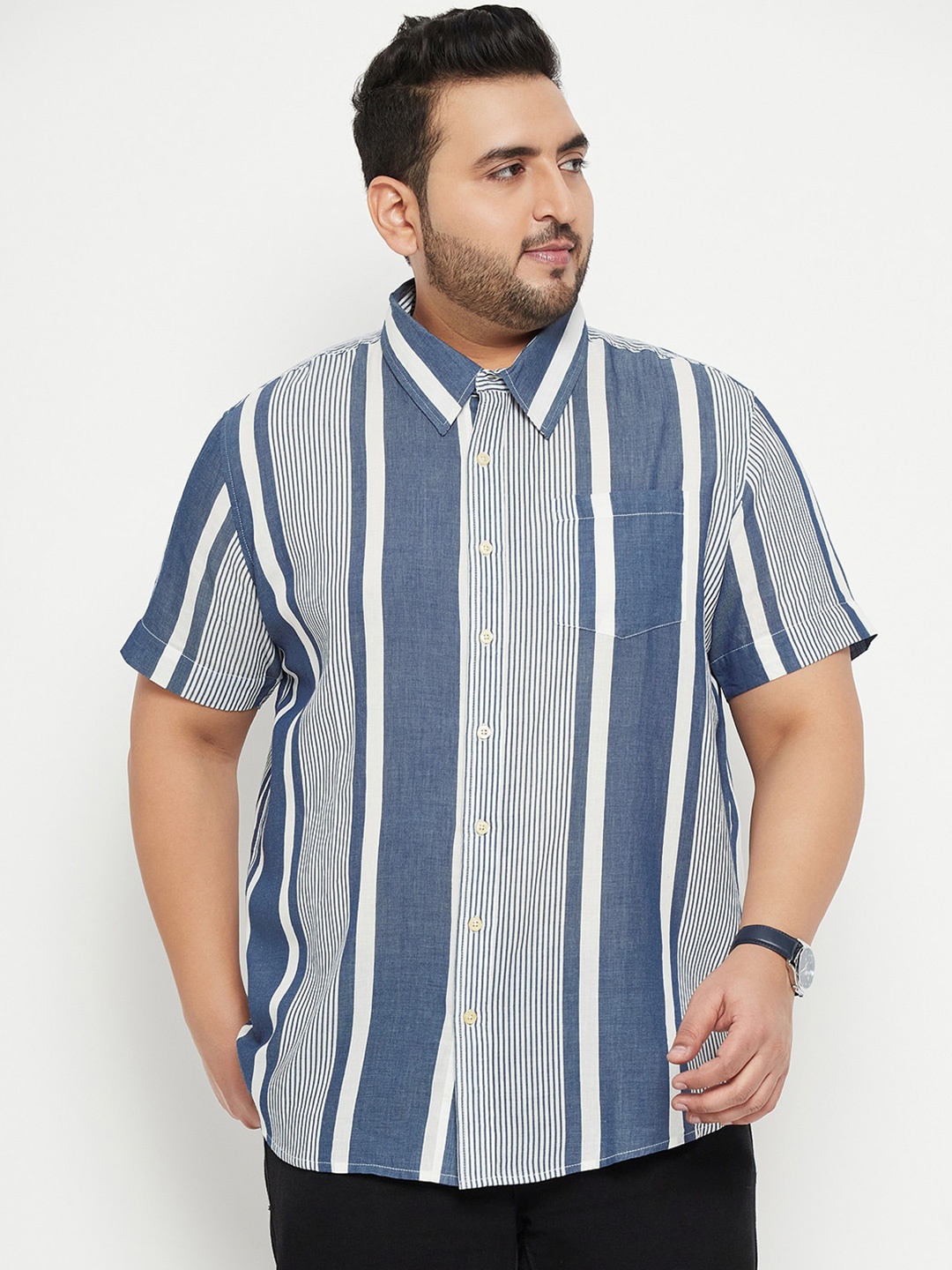 

bigbanana Plus Size Vertical Striped Casual Shirt, Blue