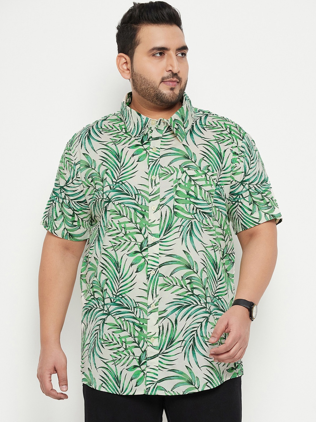 

bigbanana Plus Size Printed Classic Cotton Casual Shirt, Green