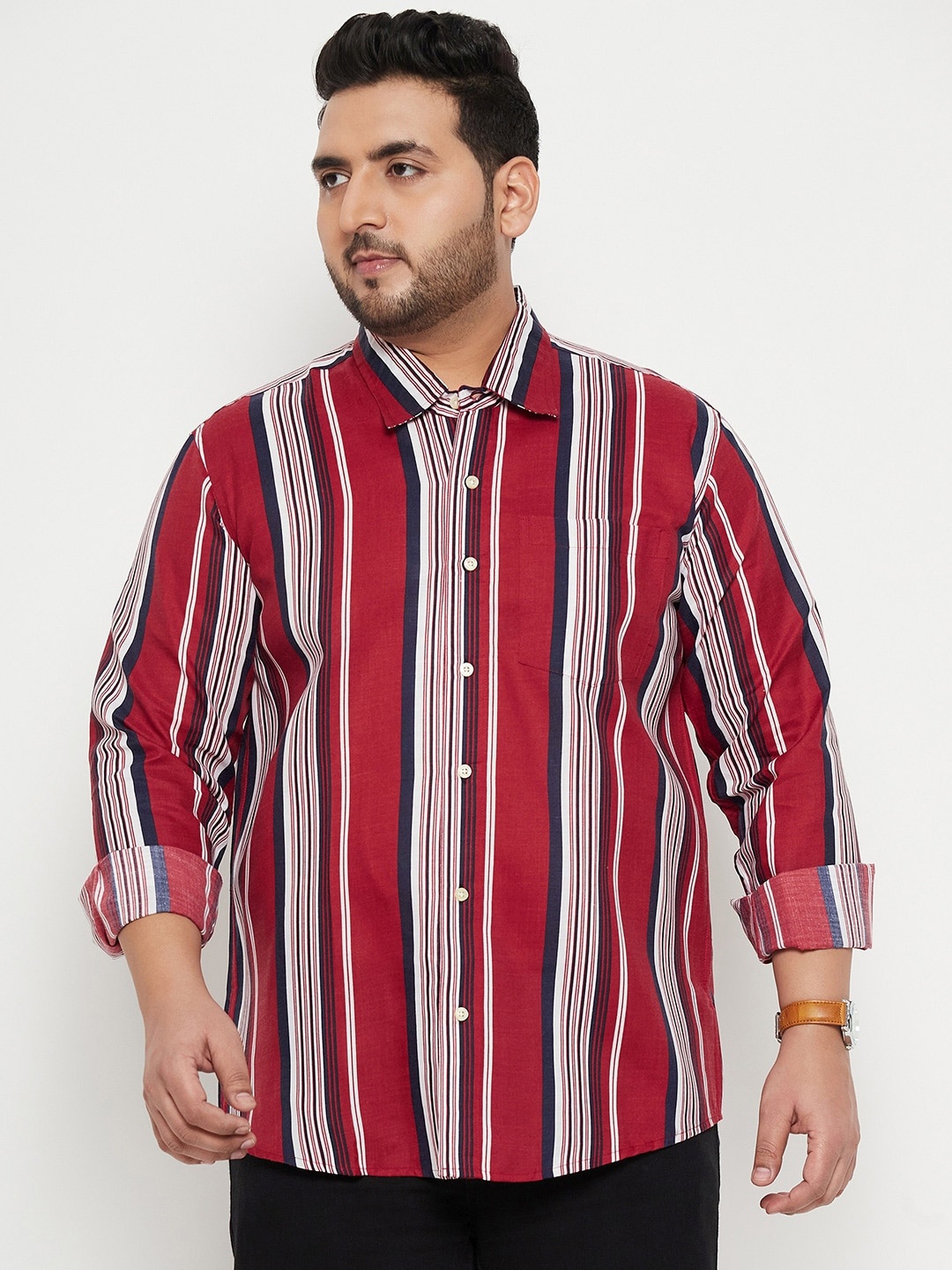 

bigbanana Plus Size Striped Classic Casual Shirt, Red