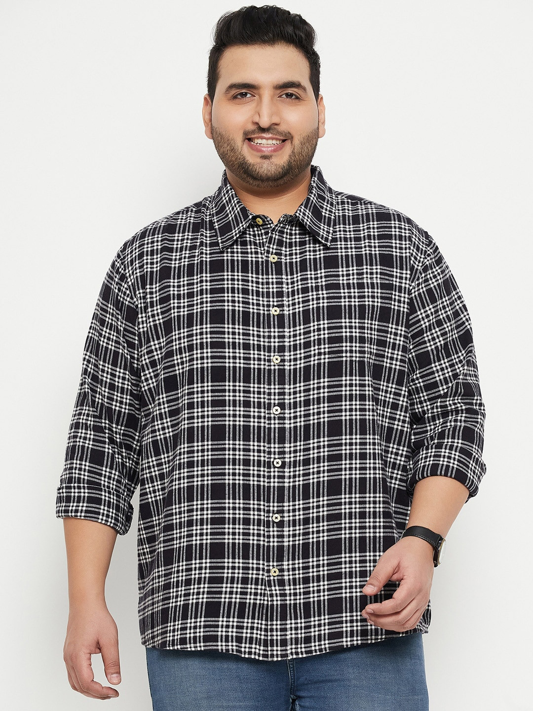 

bigbanana Plus Size Tartan Checked Casual Pure Cotton Shirt, Black