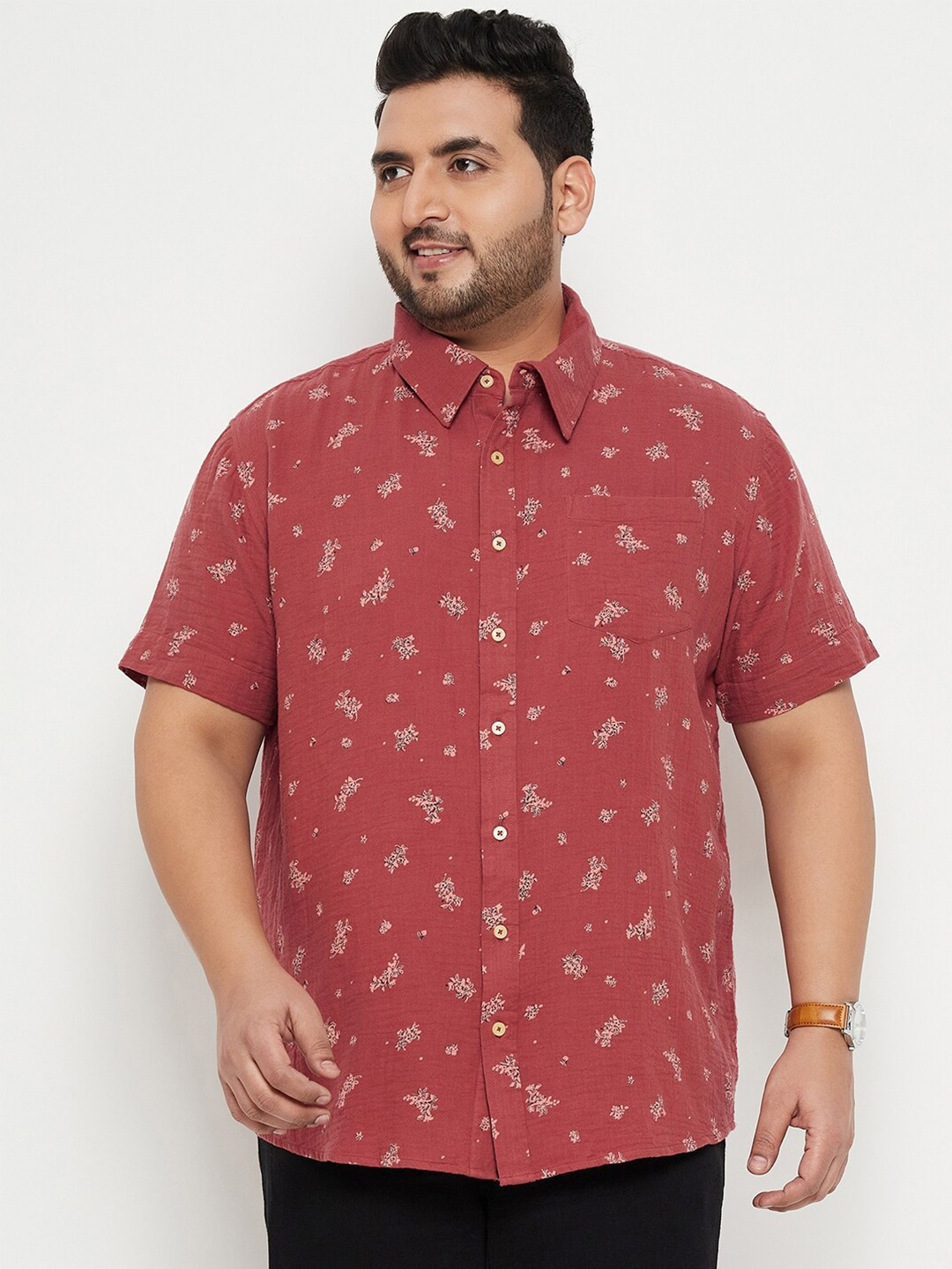 

bigbanana Plus Size Floral Printed Casual Pure Cotton Shirt, Red