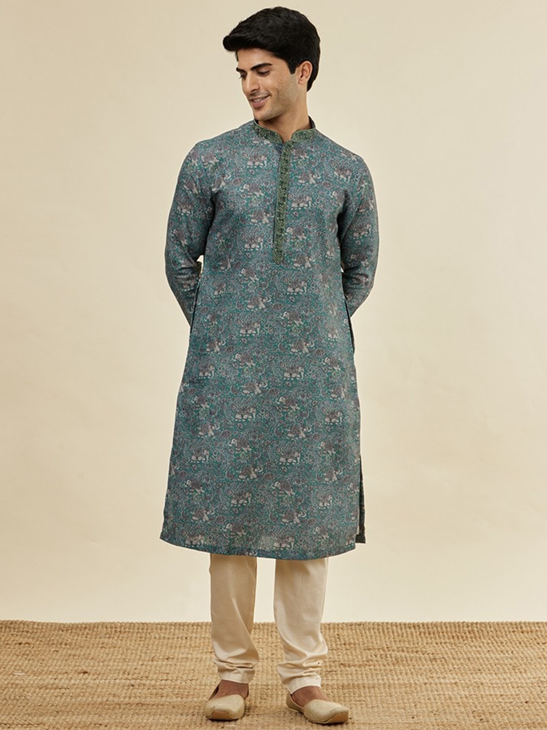 

Manyavar Ethnic Motifs Printed Mandarin Collar Kurta With Churidar, Green