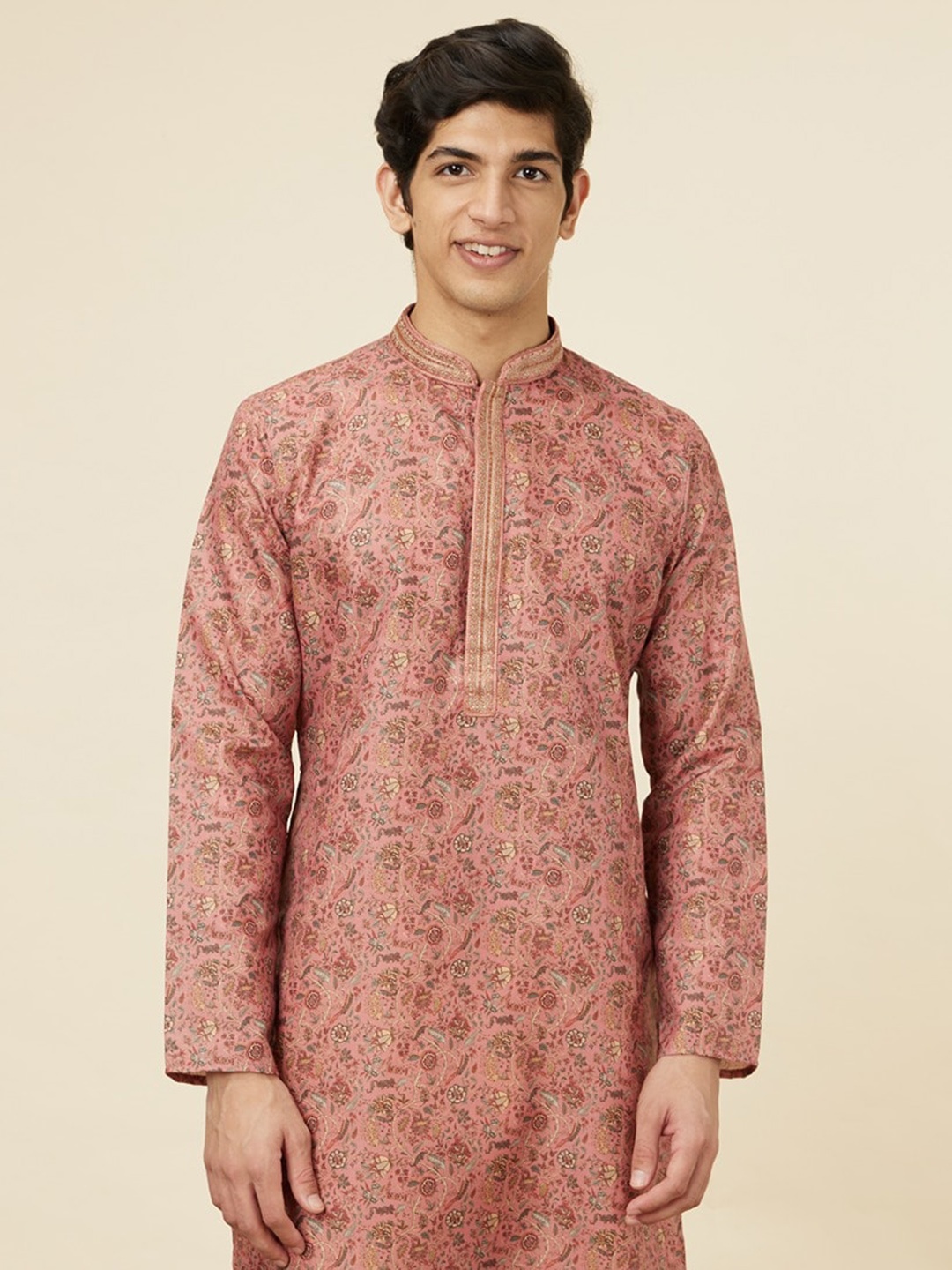 

Manyavar Ethnic Motifs Printed Mandarin Collar Kurta With Churidar, Coral