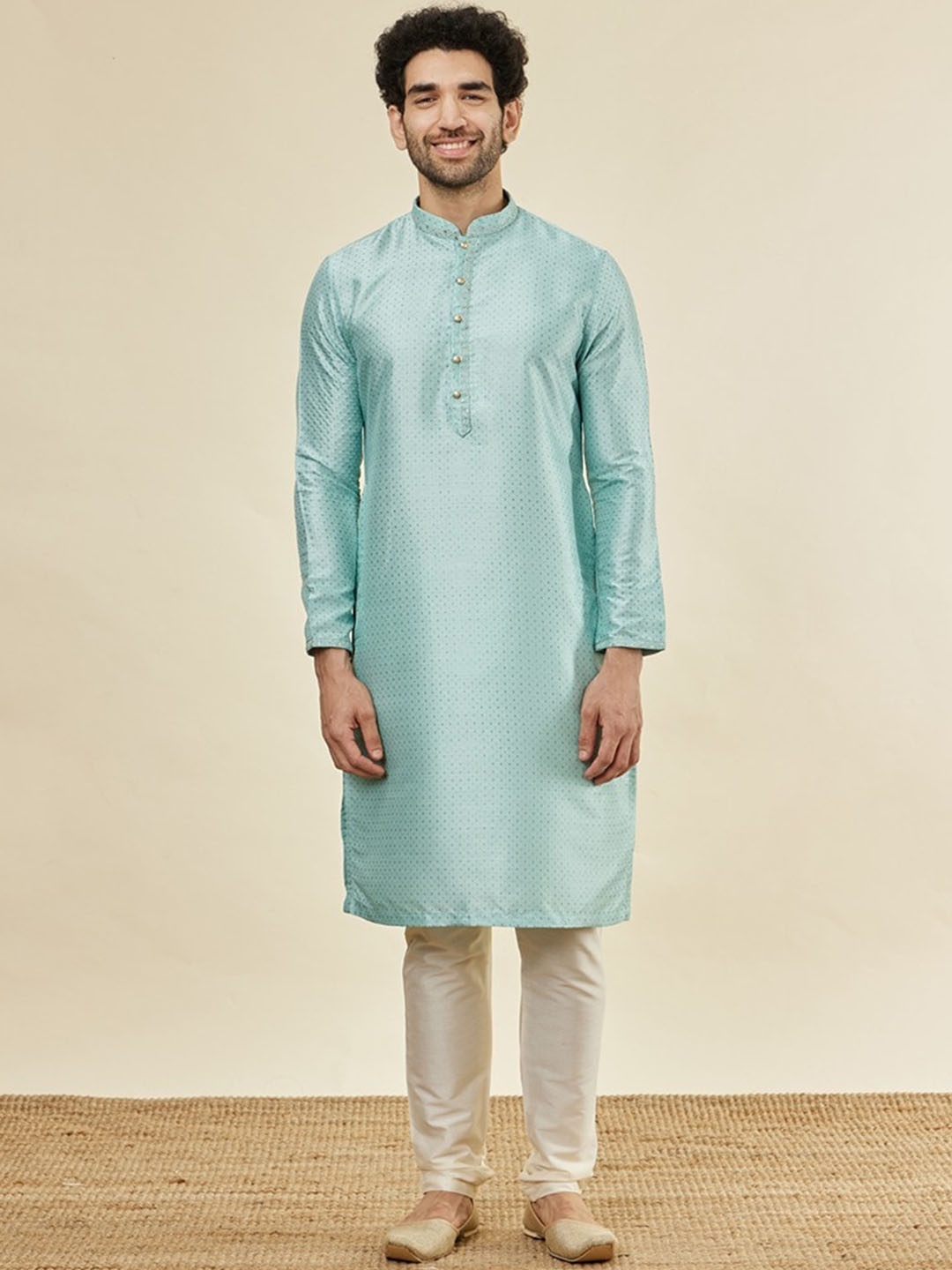 

Manyavar Ethnic Motifs Printed Regular Kurta With Pyjamas, Turquoise blue