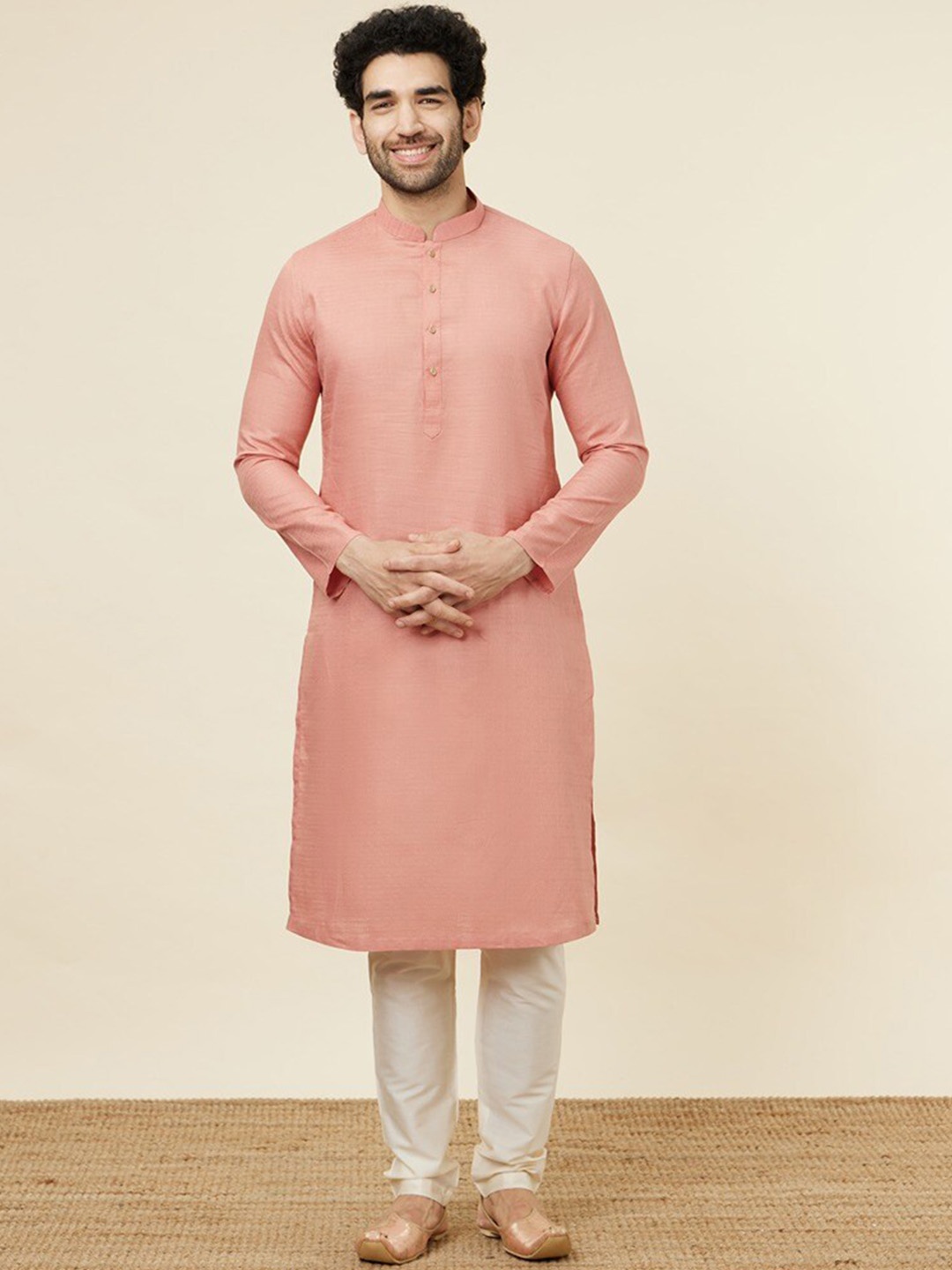 

Manyavar Mandarin Collar Kurta with Pyjamas, Coral