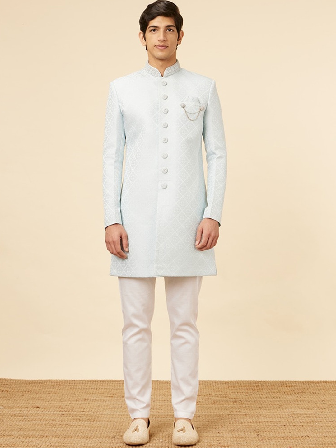 

Manyavar Self-Design Indo Western Sherwani Set, Blue