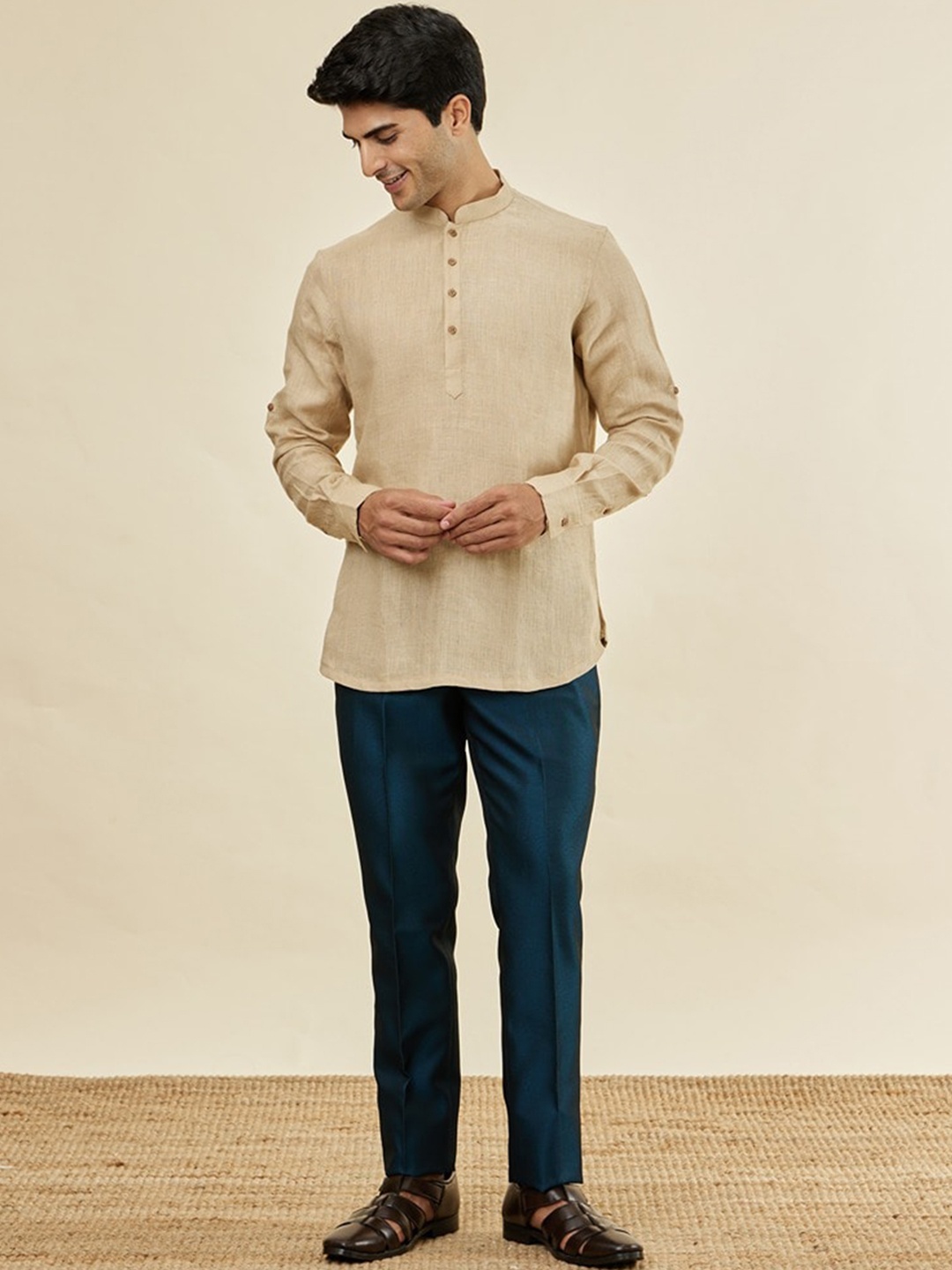 

Manyavar Mandarin Collar Linen A-Line Short Kurta, Beige