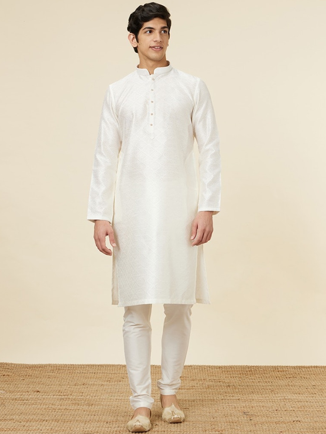

Manyavar Woven Design Kurta with Churidar, White