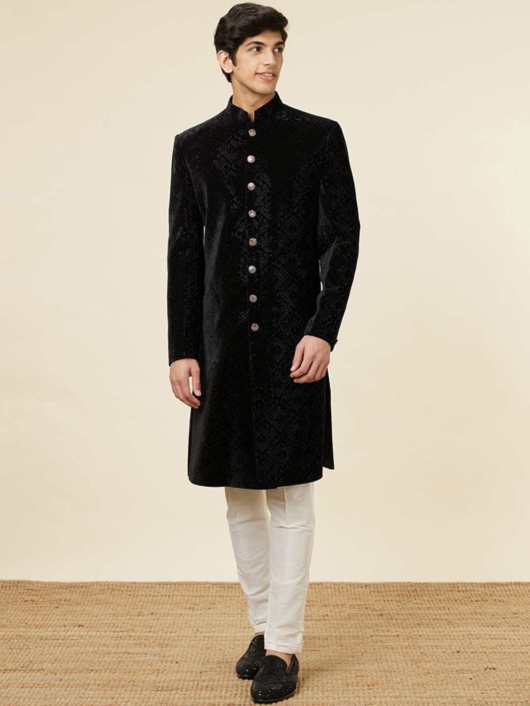 

Manyavar Embroidered Mandarin Collar Velvet Sherwani Set, Black