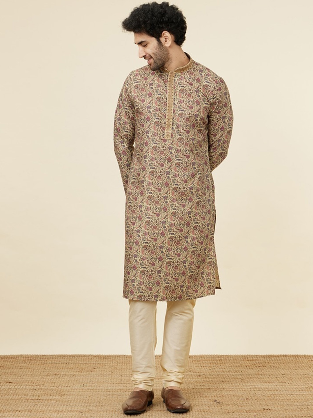 

Manyavar Ethnic Motifs Printed Pure Cotton Kurta with Churidar, Beige