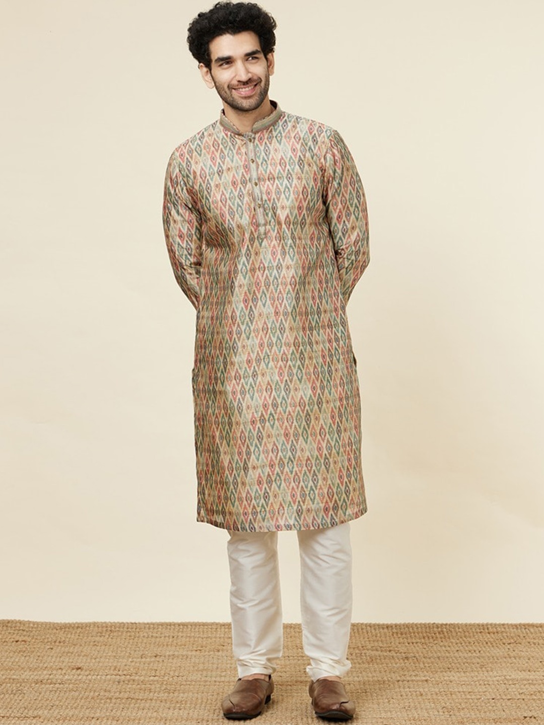 

Manyavar Ethnic Motifs Printed Kurta with Churidar, Beige