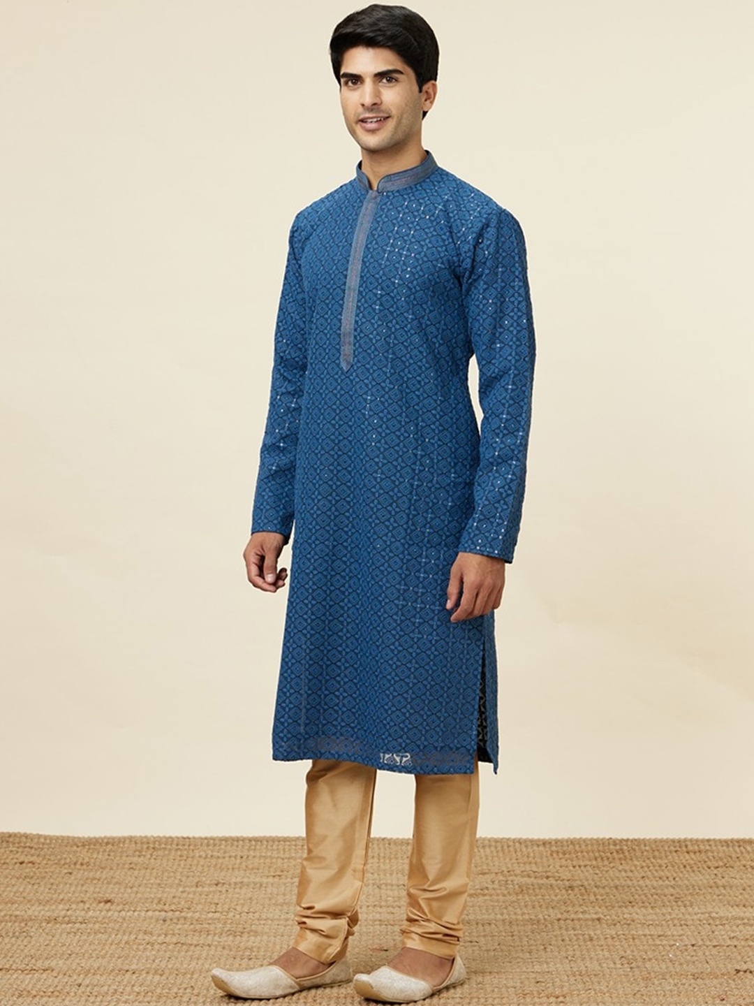 

Manyavar Ethnic Motifs Embroidered Thread Work Kurta with Churidar, Blue