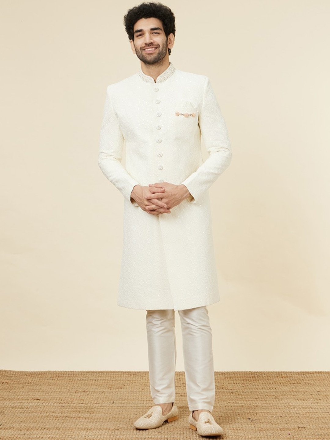 

Manyavar Embroidered Georgette Indo Western Sherwani, Cream
