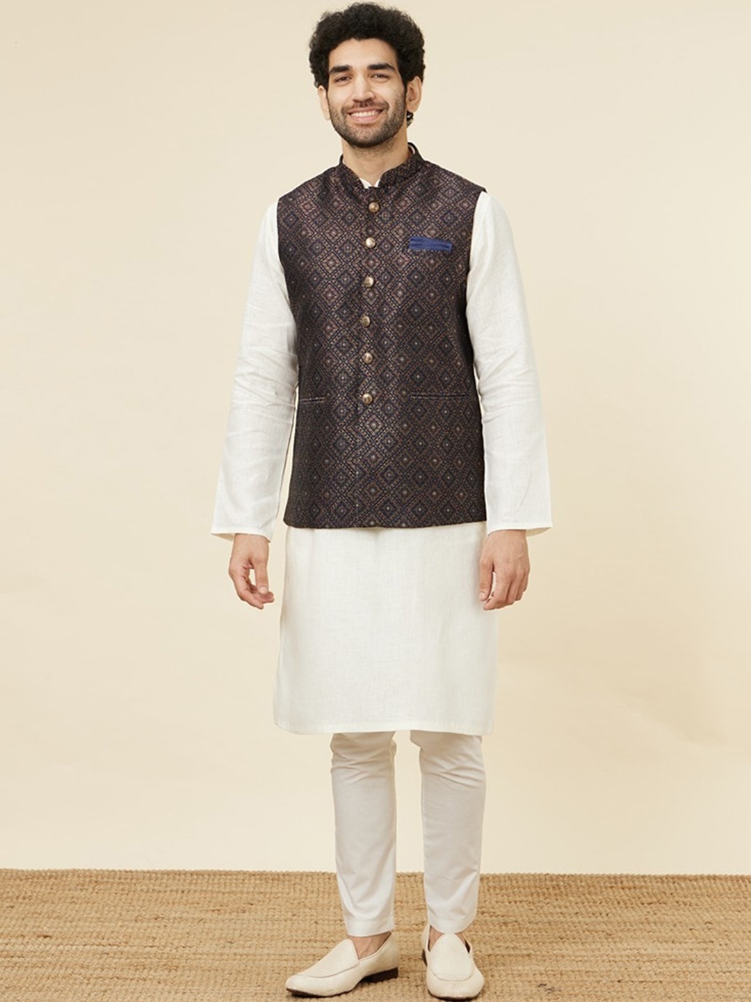 

Manyavar Woven Designed Brocade Nehru Jacket, Blue