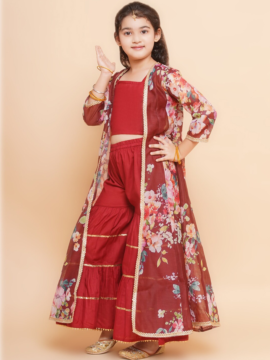 

Bitiya by Bhama Girls Crop Top & Saharara with Floral Printed Shrug, Maroon