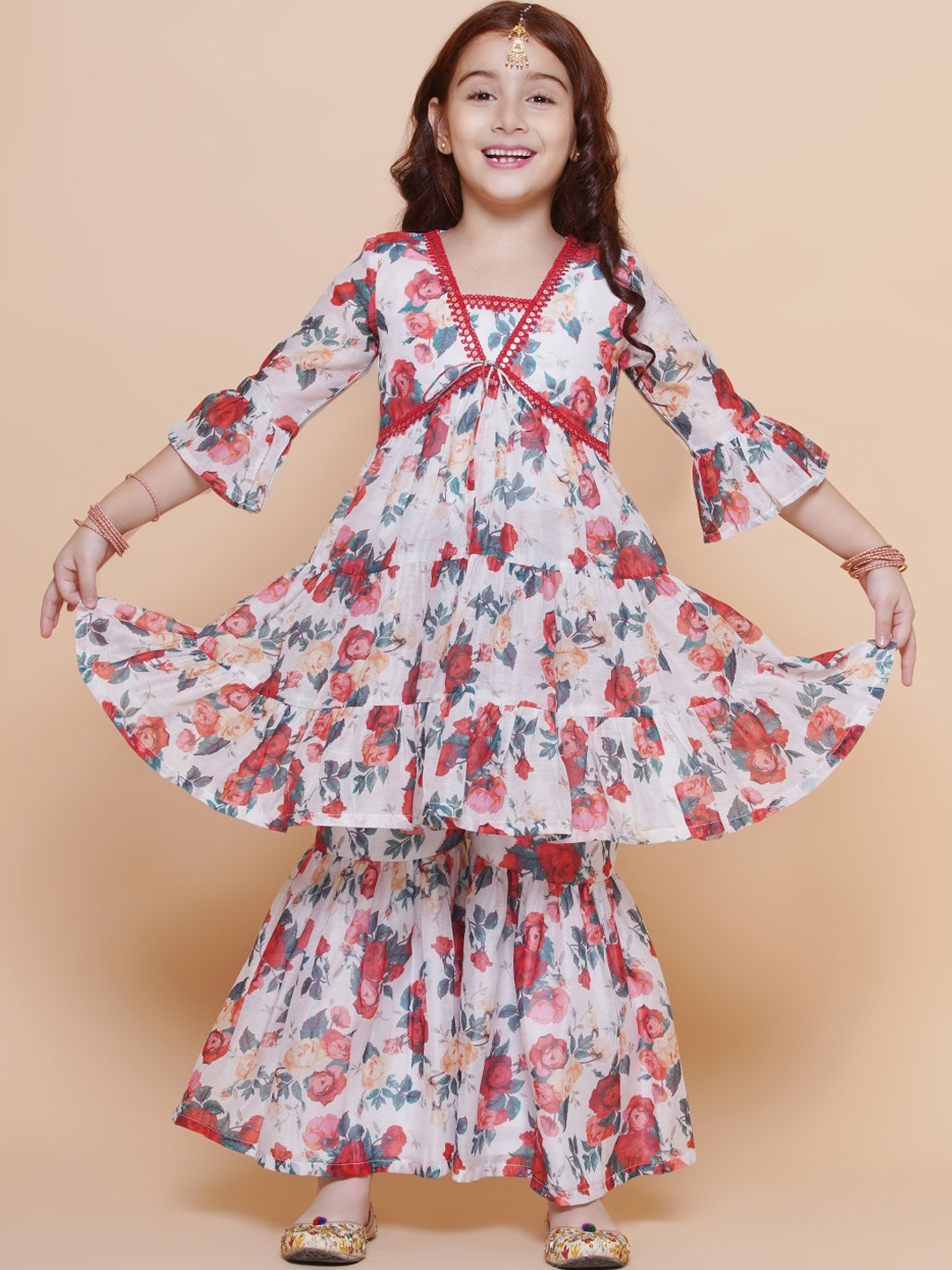 

Bitiya by Bhama Girls Floral Printed Empire A-line Kurta with Sharara, Off white