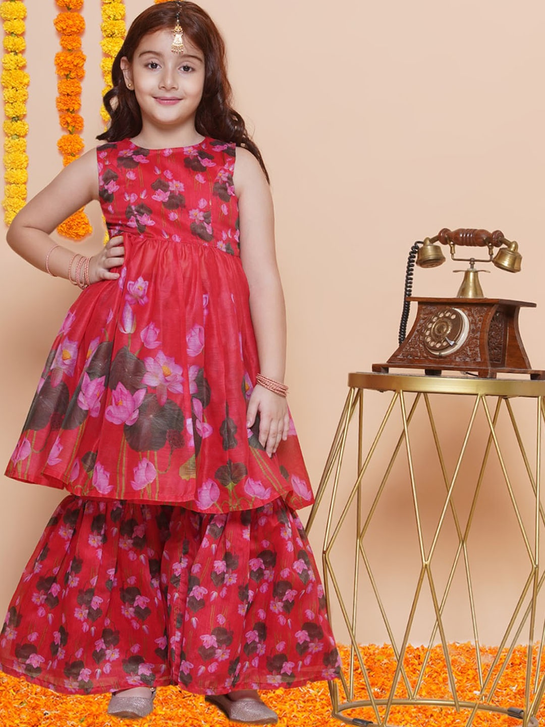 

Bitiya by Bhama Girls Red Floral Printed Empire Anarkali Kurta with Sharara