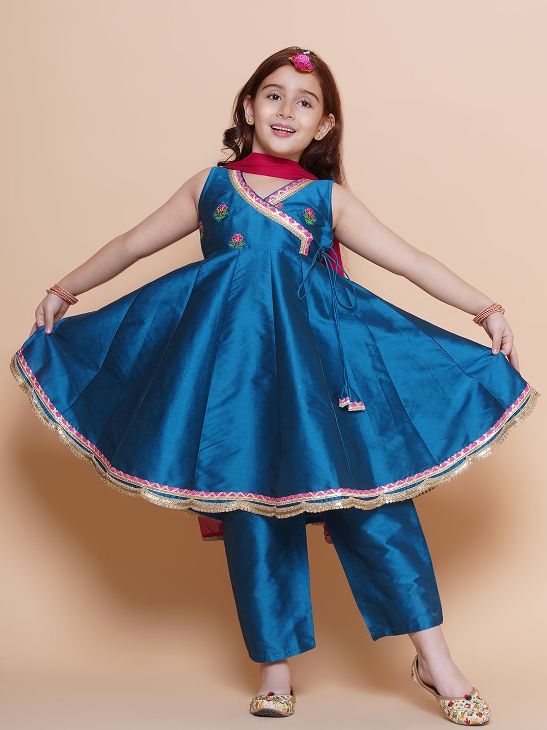 

Bitiya by Bhama Girls V-Neck Angrakha Kurta with Trousers & Dupatta, Blue