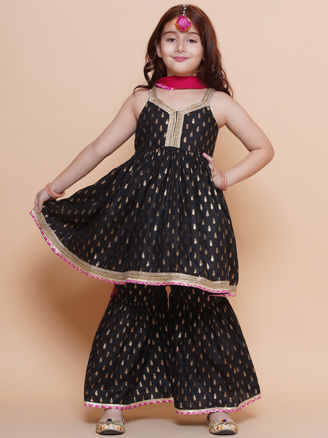 

Bitiya by Bhama Girls Ethnic Motifs Printed Anarkali Kurta with Sharara & With Dupatta, Black