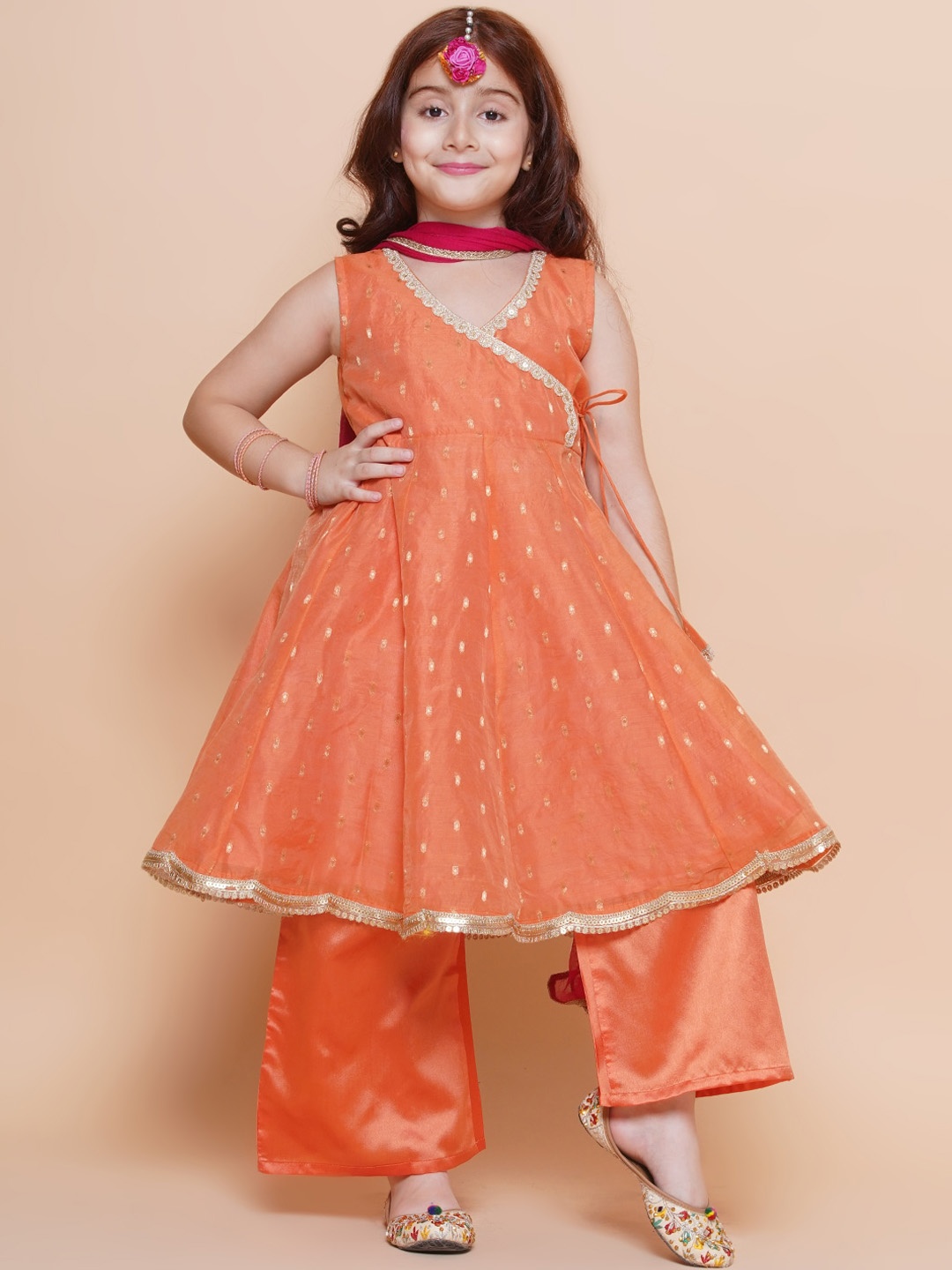 

Bitiya by Bhama Girls Ethnic Motifs Angrakha Anarkali Kurta With Trousers & Dupatta, Peach