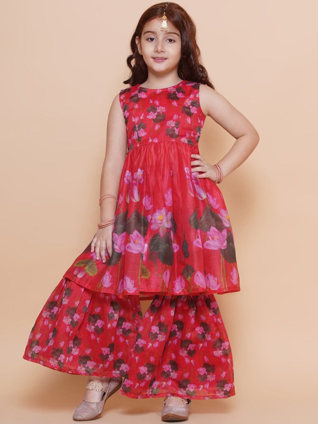 

Bitiya by Bhama Girls Floral Printed Anarkali Kurta with Sharara, Red