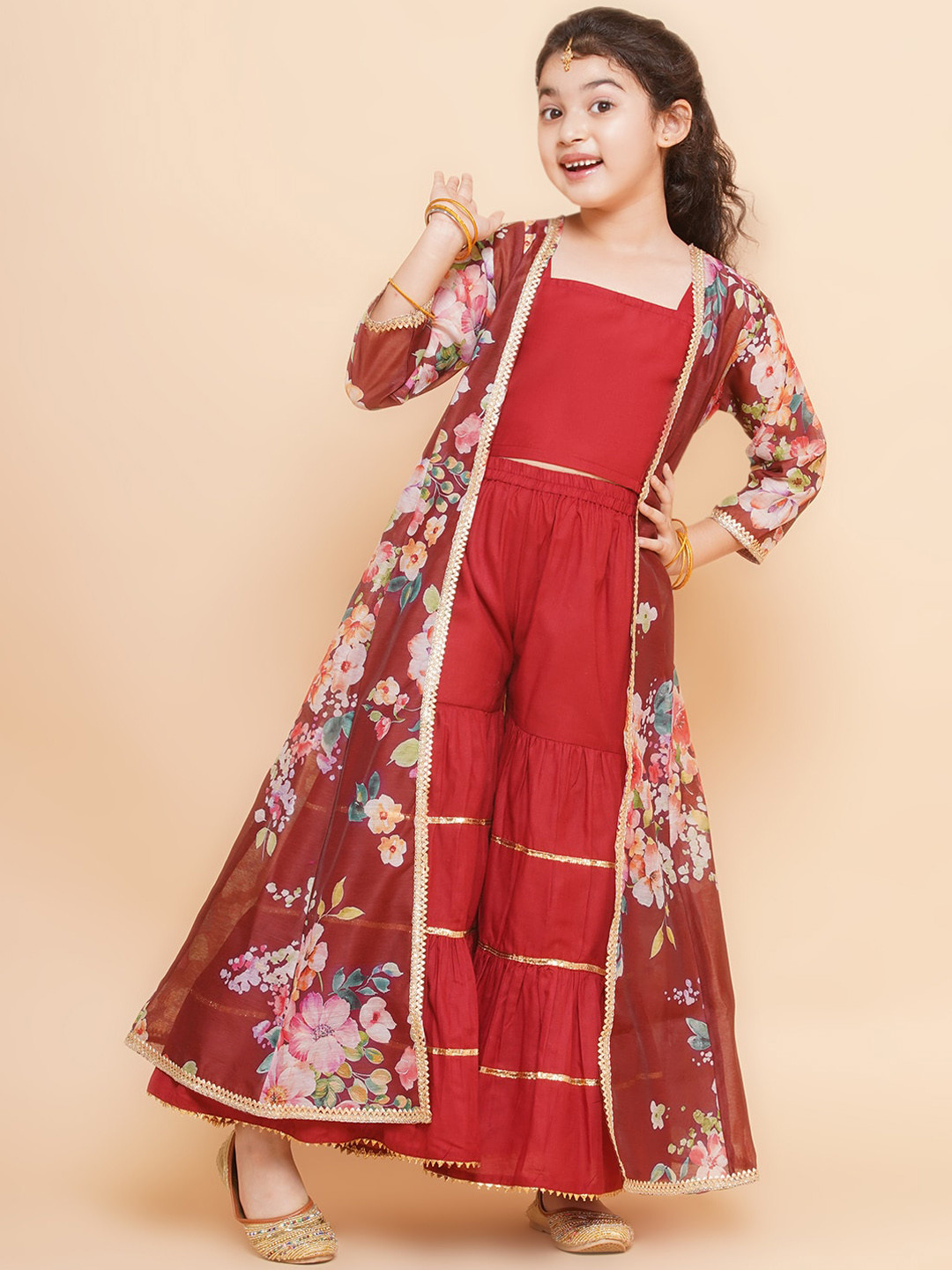 

Bitiya by Bhama Girls Gotta Patti Kurta with Sharara & Shrug, Red