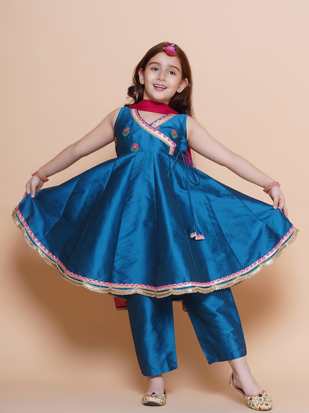 

Bitiya by Bhama Girls Floral Embroidered Angrakha Anarkali Kurta & Trousers With Dupatta, Blue