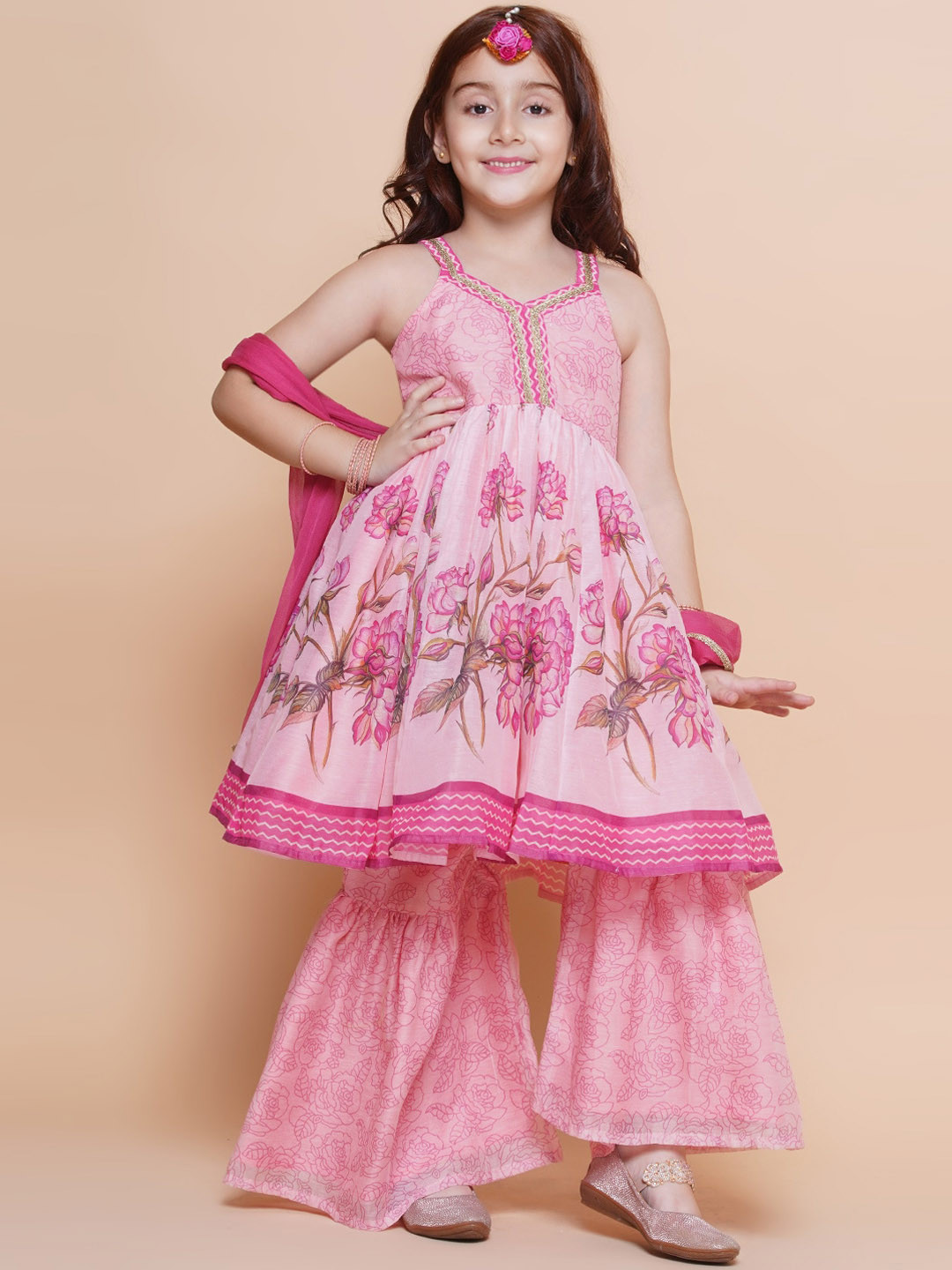 

Bitiya by Bhama Girls Floral Printed Anarkali Gotta Patti Kurta with Sharara & Dupatta, Pink