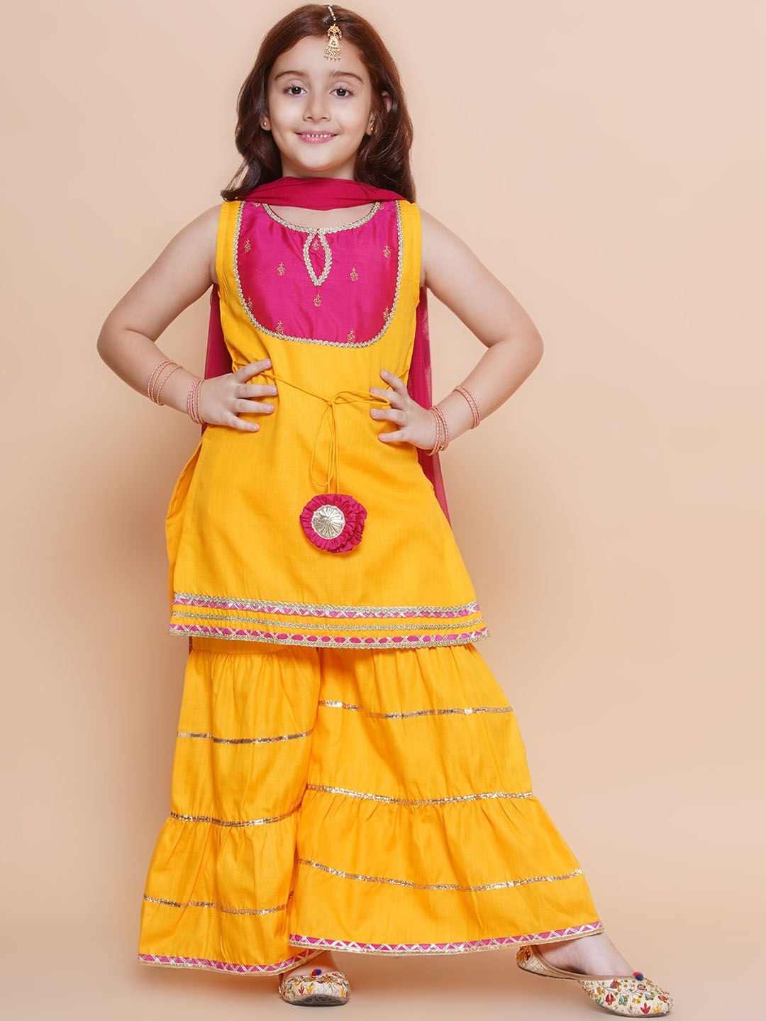 

Bitiya by Bhama Girls Yoke Design Straight Kurta with Sharara & With Dupatta, Yellow