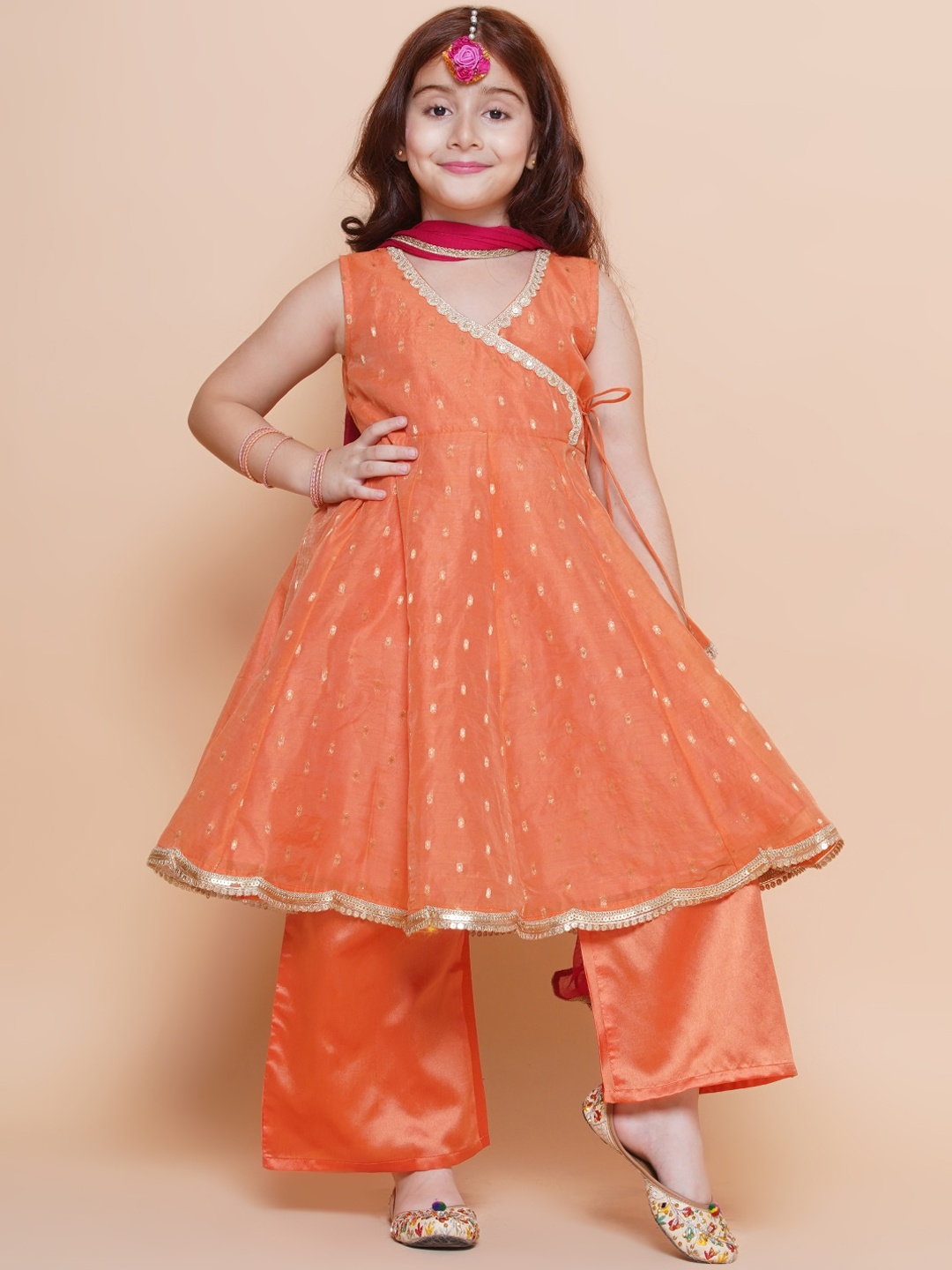 

Bitiya by Bhama Girls Woven Design Angrakha Gotta Patti Kurta with Sharara & Dupatta, Orange