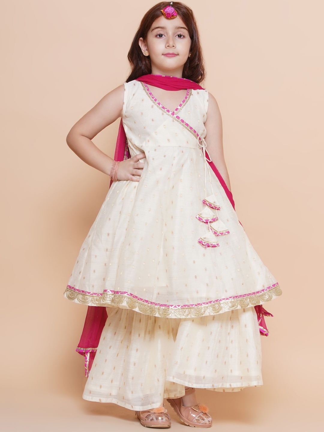 

Bitiya by Bhama Girls Woven Design Angrakha Gotta Patti Kurta with Sharara & Dupatta, Off white