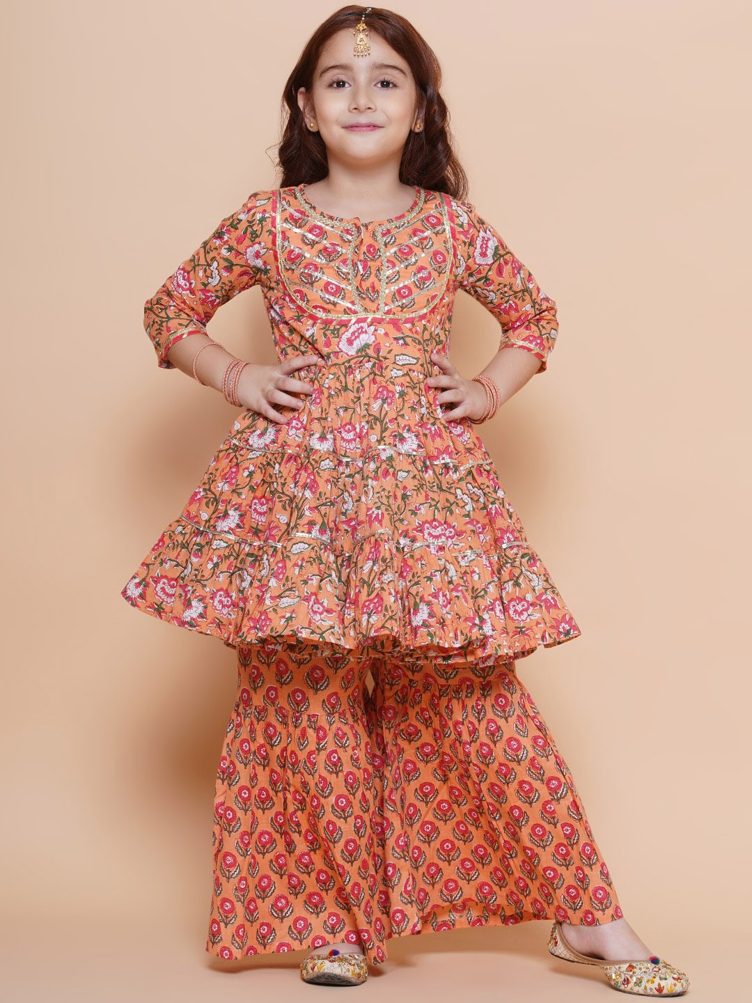 

Bitiya by Bhama Girls Floral Printed Pure Cotton Anarkali Kurta with Sharara, Peach