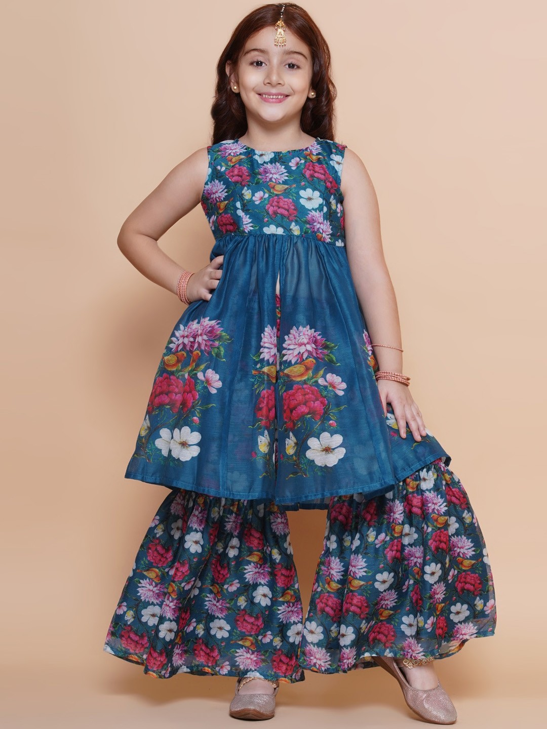

Bitiya by Bhama Girls Floral Printed Empire Anarkali Kurta With Sharara, Blue