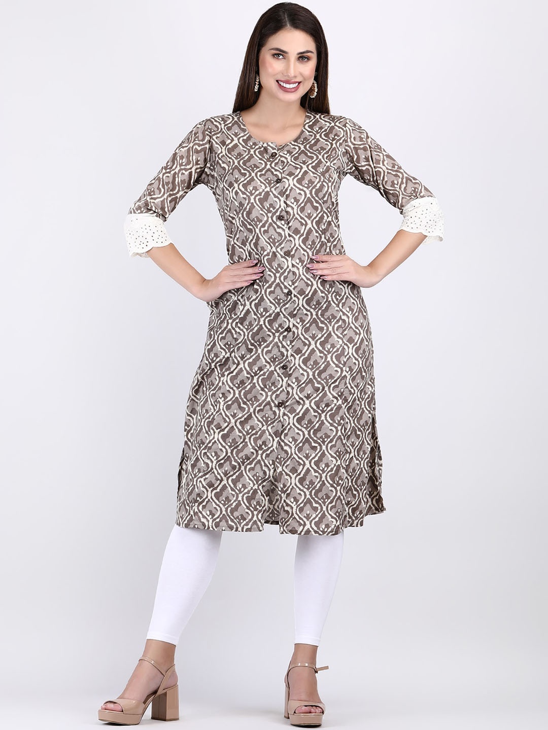 

ADAA JAIPUR Ethnic Motifs Printed Lace-Inserts Round Neck Straight Kurta, Brown