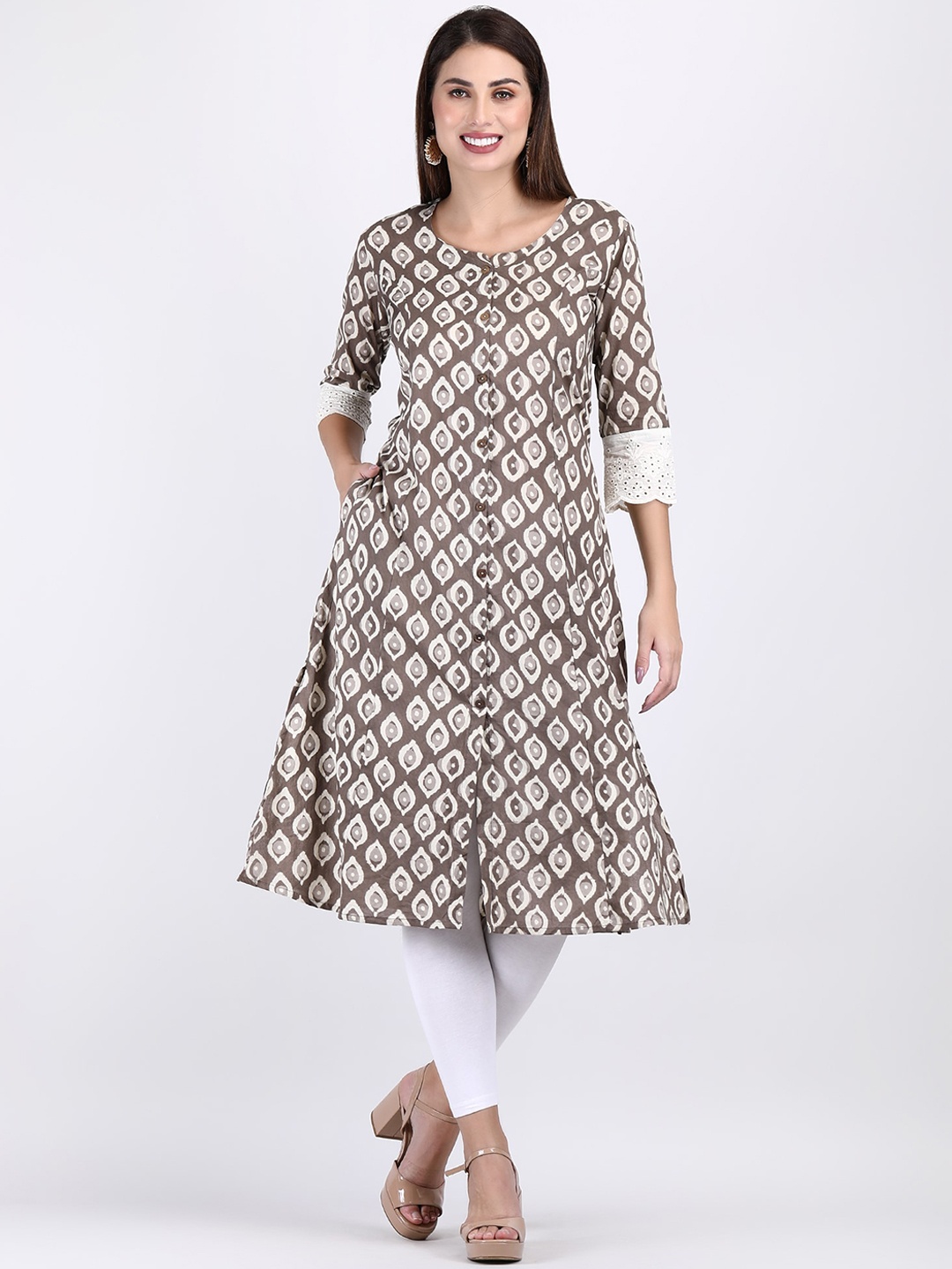 

ADAA JAIPUR Geometric Printed Cotton A-line Kurta, Brown