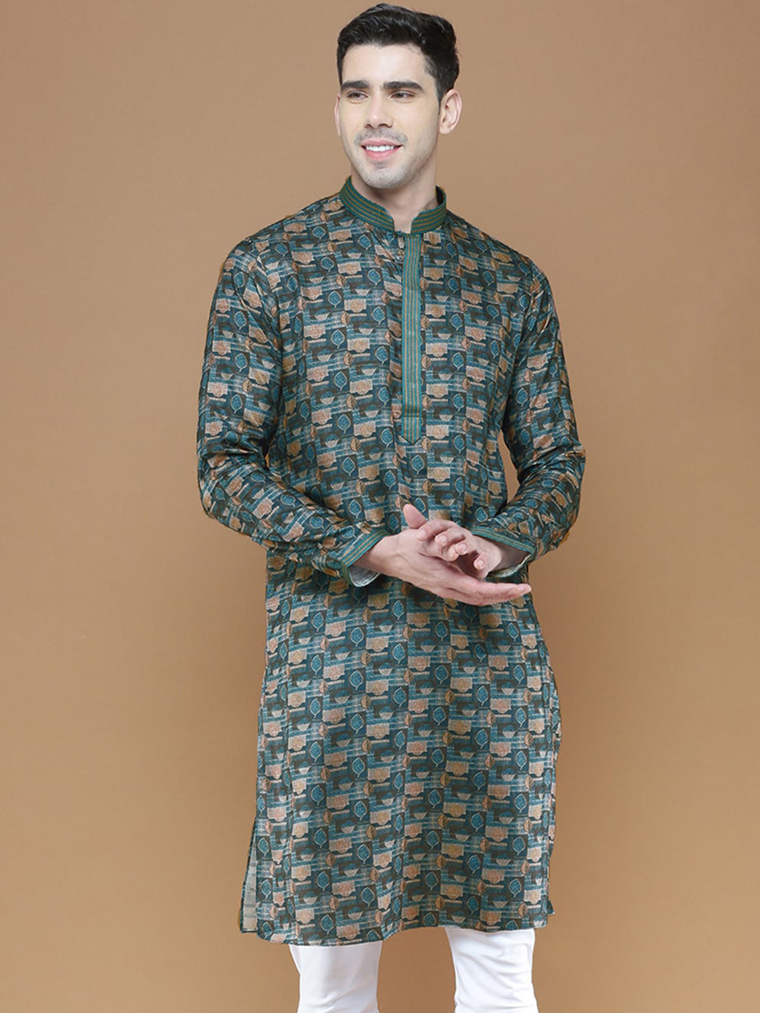 

Sanwara Abstract Printed Mandarin Collar Thread Work Silk Straight Kurta, Blue
