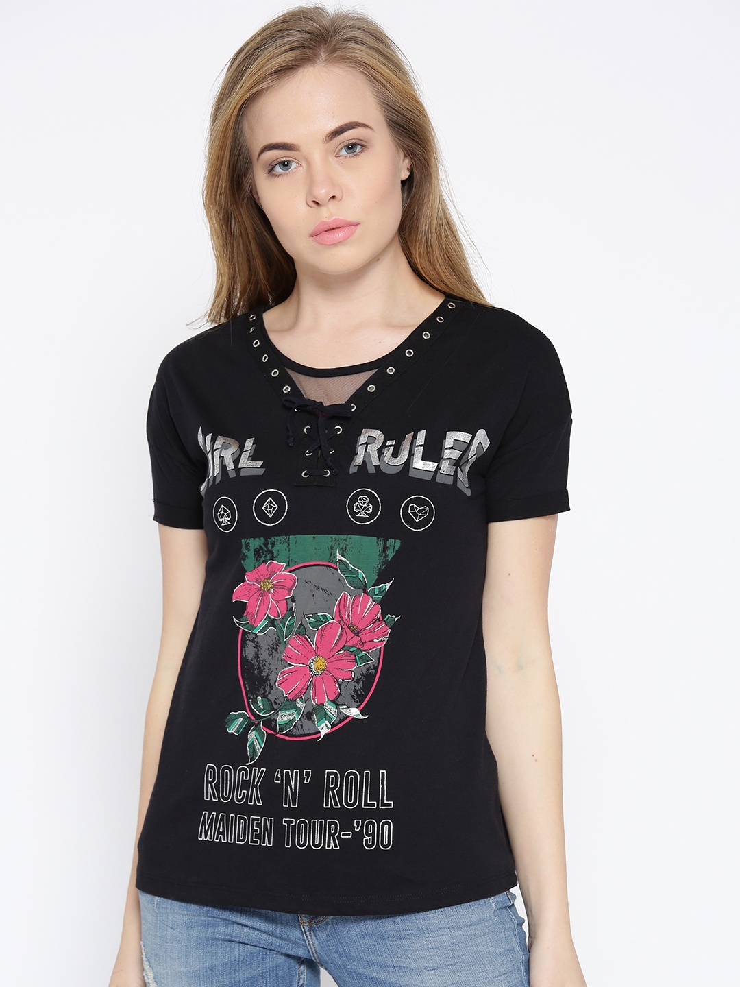 

SF JEANS by Pantaloons Women Black Printed Pure Cotton Top