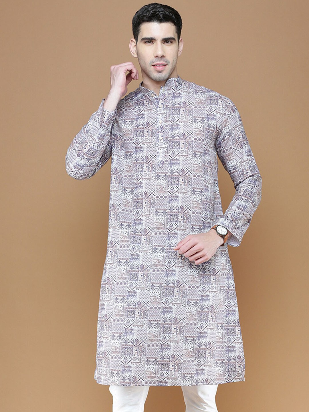 

Sanwara Abstract Printed Mandarin Collar Cotton Straight Kurta, Blue