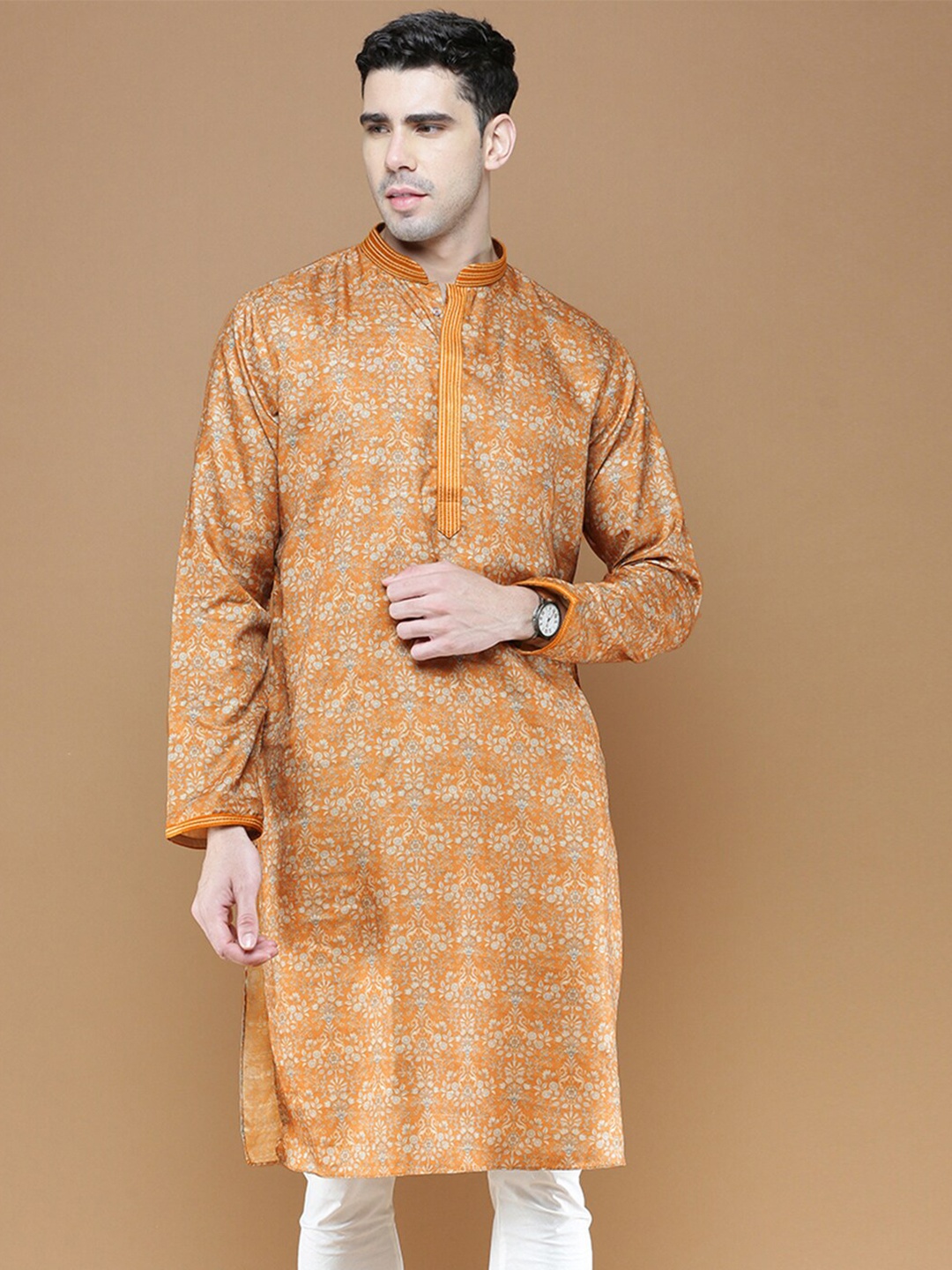 

Sanwara Printed Mandarin Collar Thread Work Silk Straight Kurta, Brown