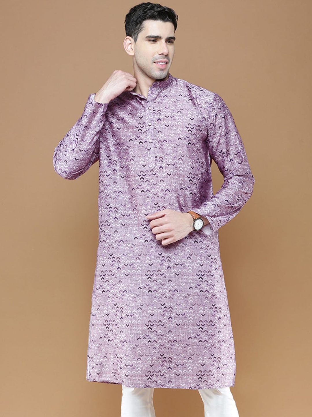 

Sanwara Geometric Printed Mandarin Collar Cotton Straight Kurta, Purple