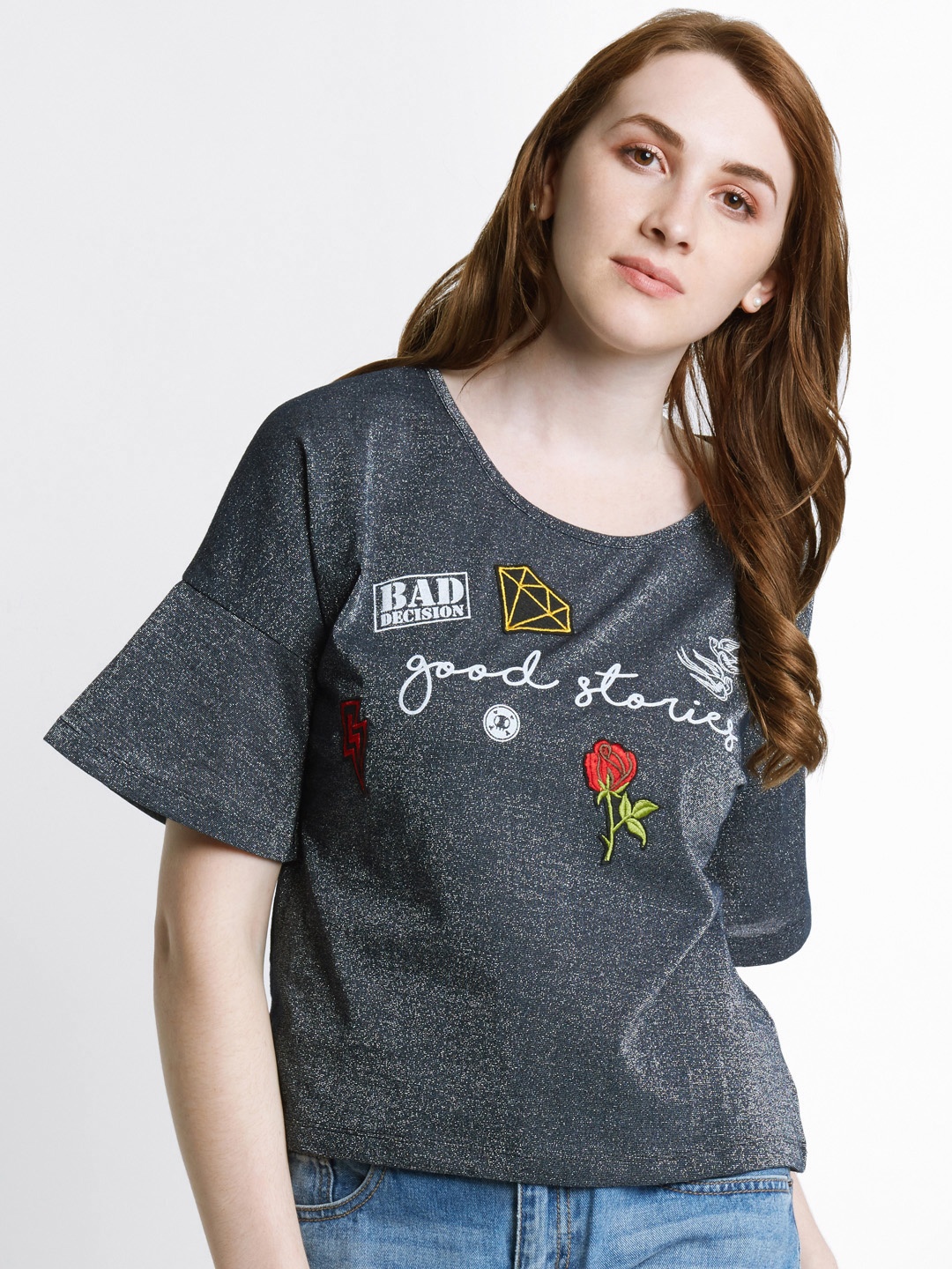 

SF JEANS by Pantaloons Women Charcoal Grey Printed Top, Silver