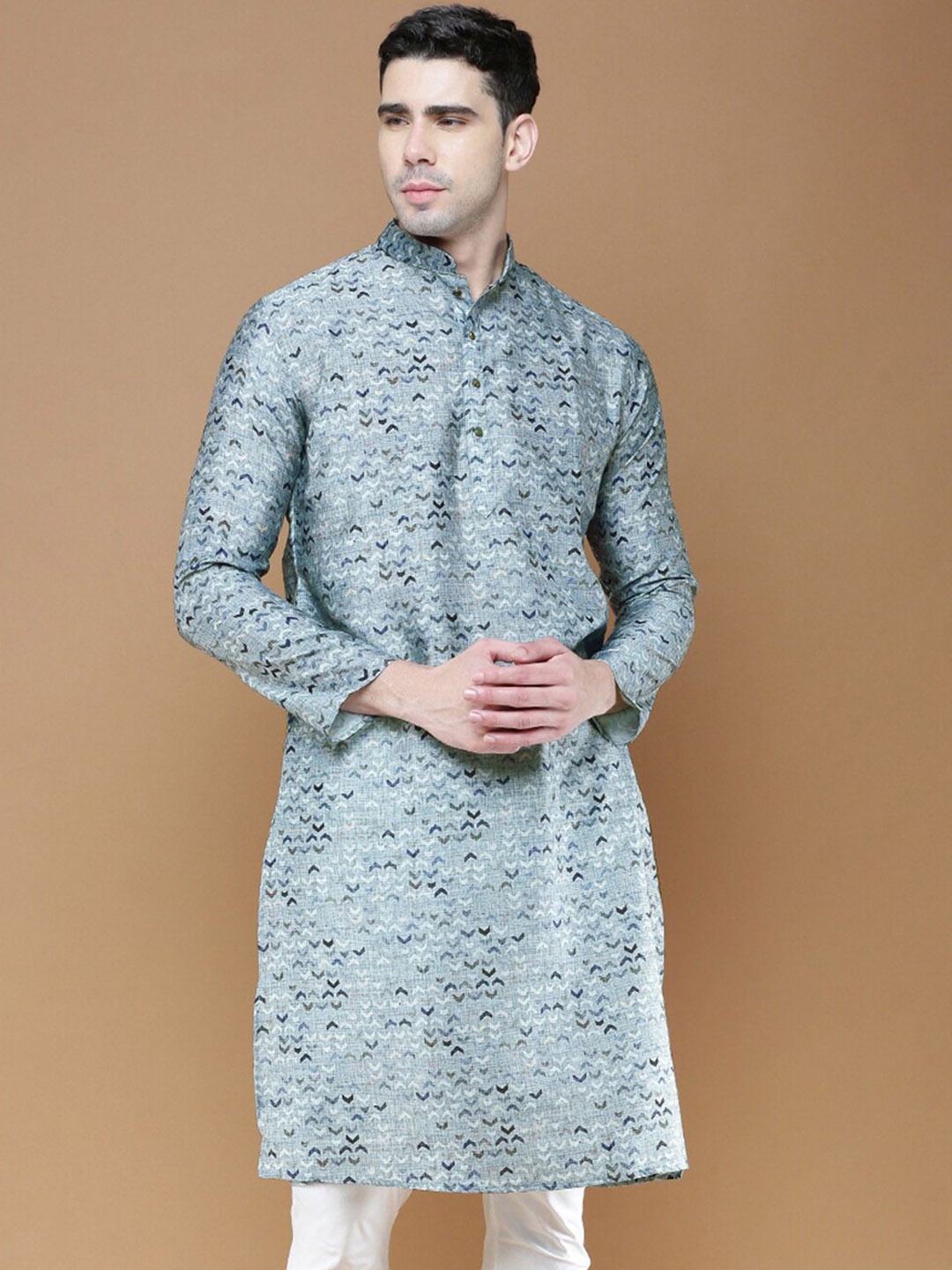 

Sanwara Geometric Printed Mandarin Collar Cotton Straight Kurta, Grey
