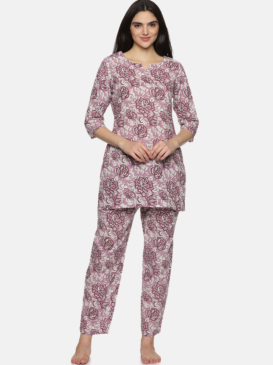 

Palakh Floral Printed Round Neck Pure Cotton Kurti & Pyjama, Pink